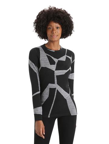 Black / Jet Heather Women's Icebreaker Merino 250 Vertex Long Sleeve Crewe Thermal Top Fractured Landscapes Base Layers | USA 1874NWYB